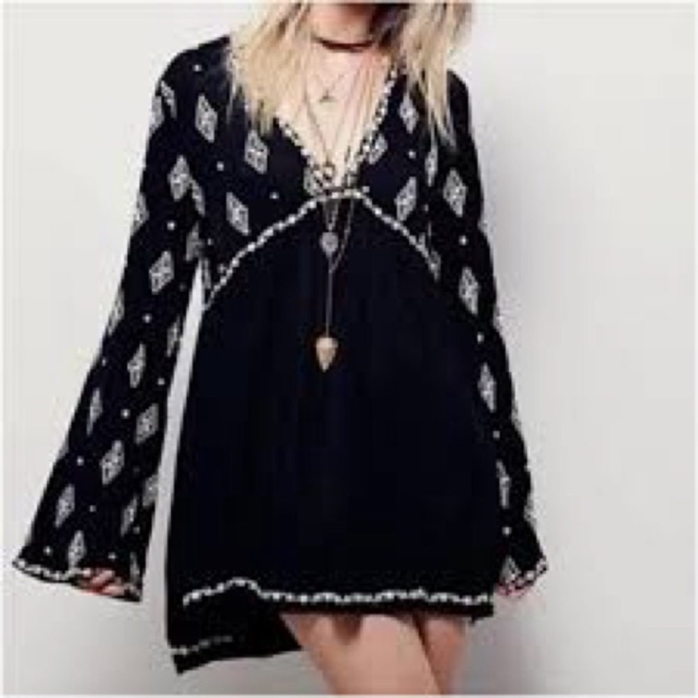 Free People Black Mini Dress with White Diamond Motif